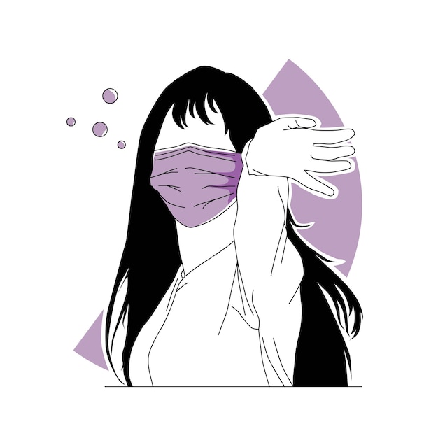 Girl character with mask on exciting bye pose line art illustration