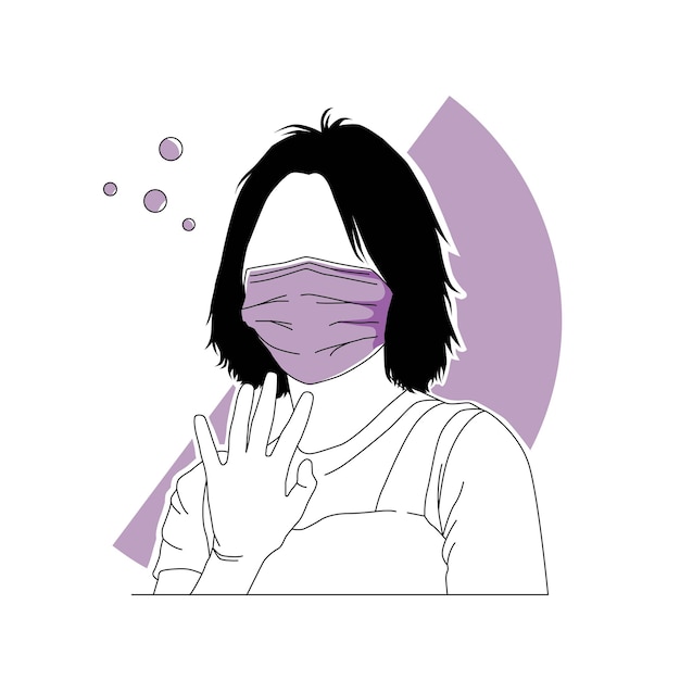 Girl character with mask on goodbye pose line art illustration