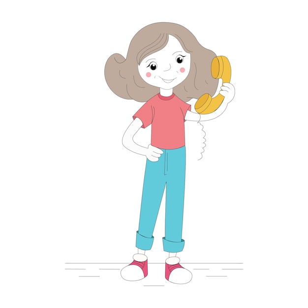 Girl character with phone pop art vector illustration. Comic book-style imitation.