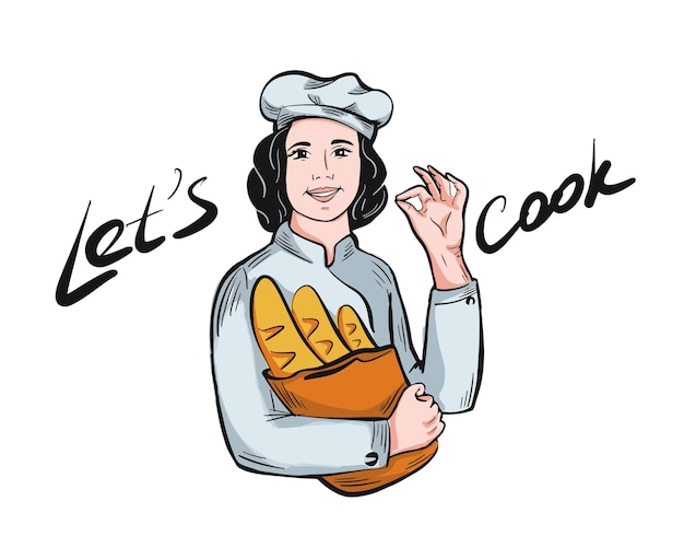 Ragazza chef panettiere che tiene una pasticceria nelle sue mani. illustrazione vettoriale a colori. illustrazione vettoriale.