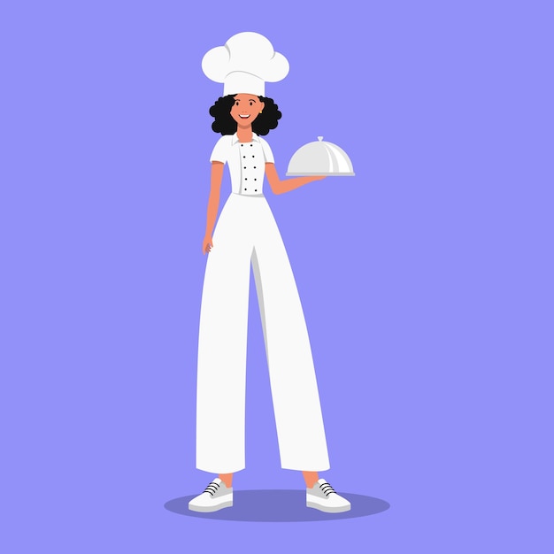 Vector girl chef, holding a dish in her hand, isolated