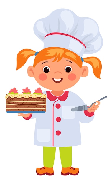 Girl chef with baked cake kid cooking dessert