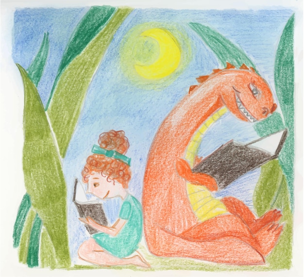 Girl child rading a book of tales with happy dragon on night Hand drawn illustration watercolor