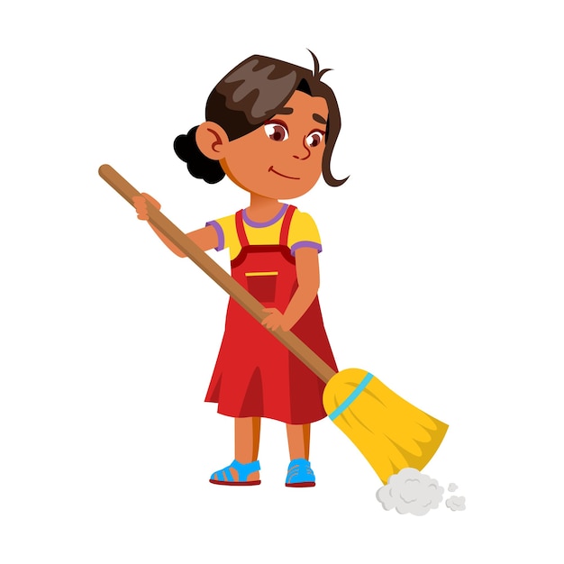 Girl Child Sweeping House Floor With Broom Vector. Smiling Indian Lady Kid Sweep And Clean Home With Broom. Character Infant Housekeeping Routine And Cleaning Flat Cartoon Illustration