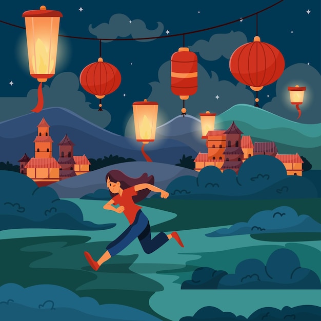 A girl under the chinese lantern illustration