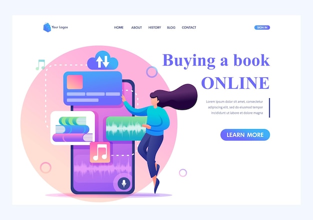 Girl chooses and buys a book online using a mobile app flat 2d character landing page concepts and web design