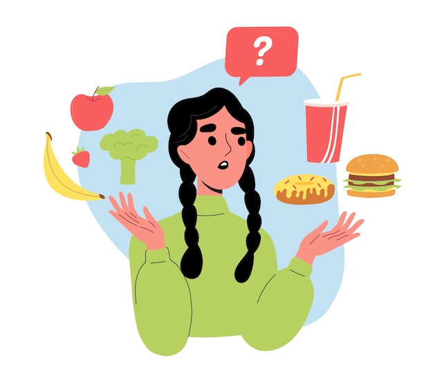 Vector girl chooses food concept healthy vs unhealthy eating banana apple versus hamburger and cola woman with right and wrong diet cartoon flat vector illustration isolated on white background