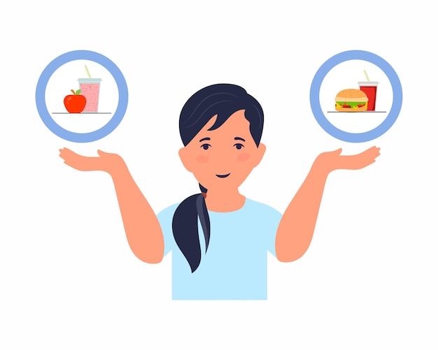 Vector girl chooses between healthy and unhealthy food diet and healthy eating concept