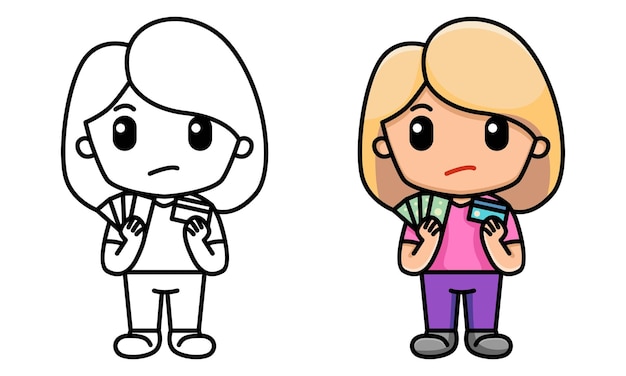 Vector girl choosing between money and credit card coloring page for kids