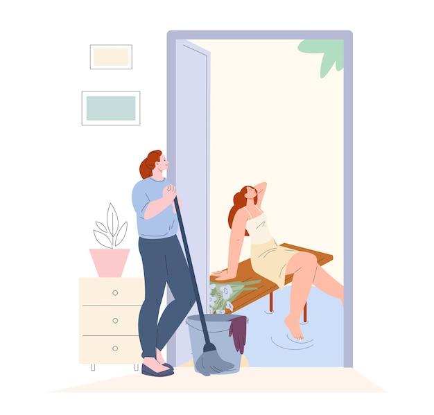 Girl cleaner worker dreaming about vacation on sea Young service woman hold broom and looking outside home on relaxed happy female vector concept of professional housewife illustration
