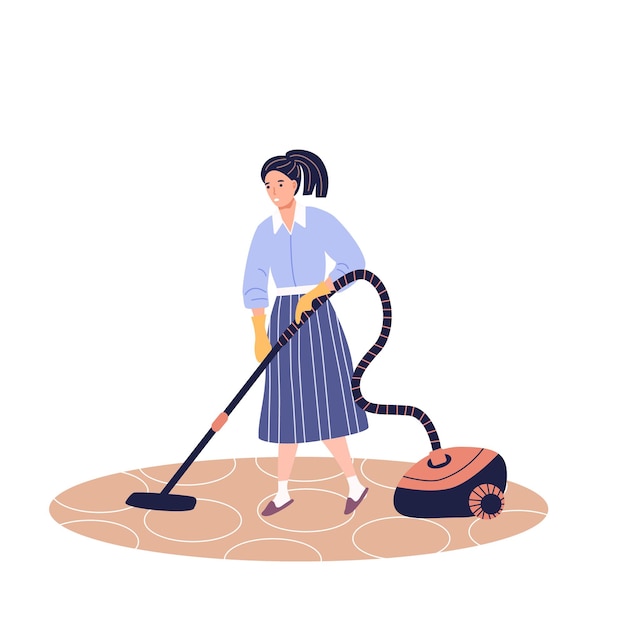 Girl cleaning room Woman is vacuuming a carpet