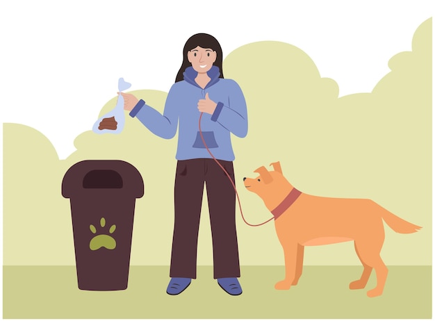 Girl cleans up after her dog, cleaning up after animals, woman walks a dog