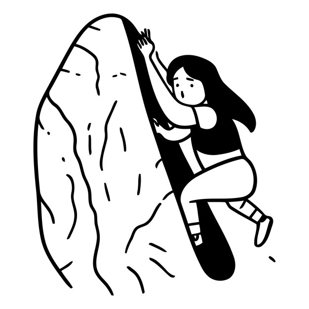 Vector girl climbing on a rock in doodle style