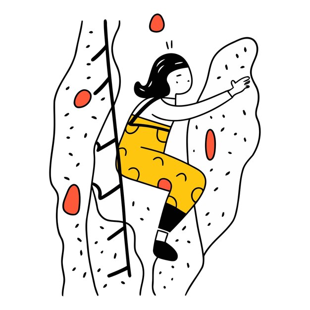 Vector girl climbing up the cliff hand drawn vector illustration in cartoon style