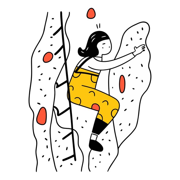 Ragazza che si arrampica sulla scogliera illustrazione vettoriale disegnata a mano in stile cartone animato