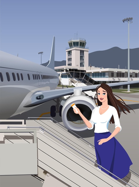 The girl climbs the ladder into the plane Vector