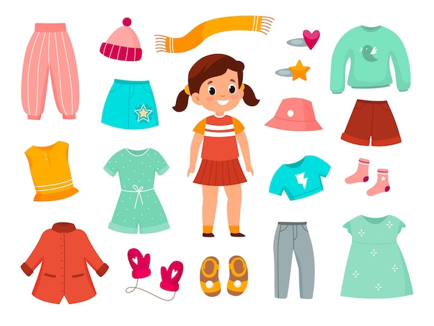 Vector girl clothes childish female fashionable apparel collection different type of casual wear color kids dresses skirts trousers and outerwear childhood fashion collection vector cartoon isolated set