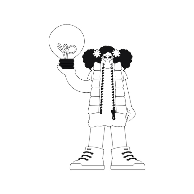 Girl clutching light bulb, symbolising idea generation. linear illustration style.