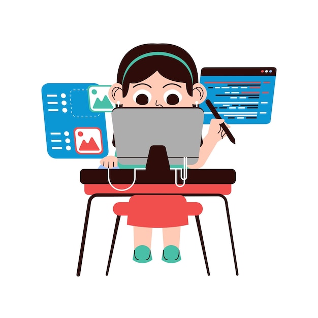 Girl coding designing with pc illustration