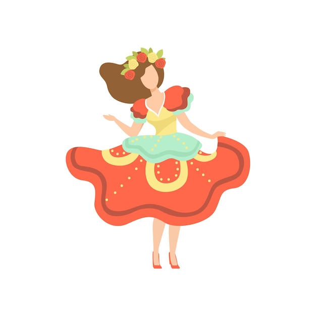 Девочка в красочном платье и венке из цветов танцует на фольклорной вечеринке Традиционный бразильский июньский фестиваль Festa Junina Векторная иллюстрация на белом фоне