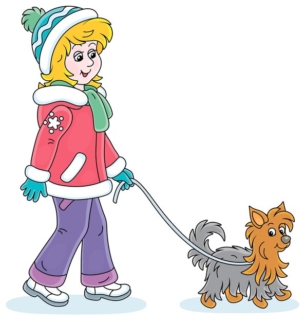 Girl in colorful winter clothes walking her small shaggy dog