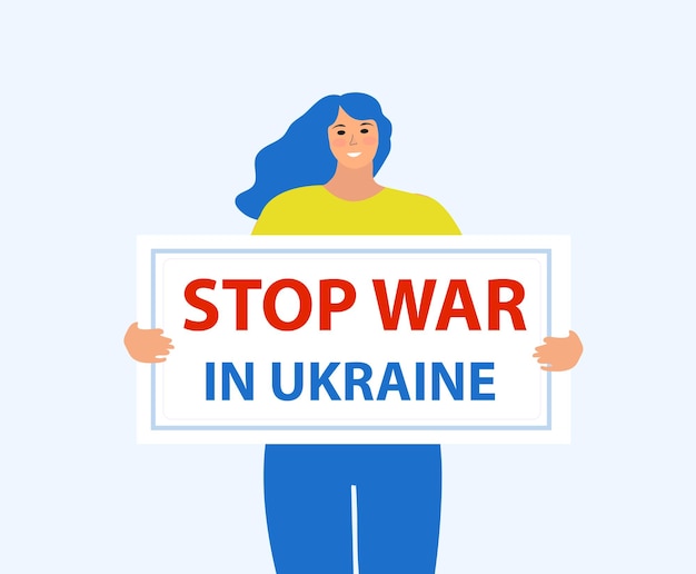 Una ragazza con i colori della bandiera ucraina tiene un poster per fermare la guerra in ucraina illustrazione vettoriale di pace nel mondo