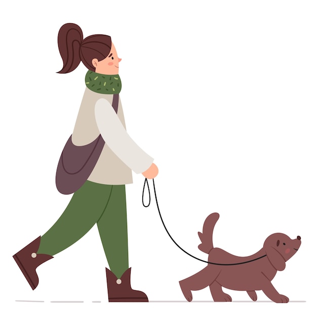 Vector a girl in comfortable clothes is walking the dog walk in the park pets brown dog on a leash