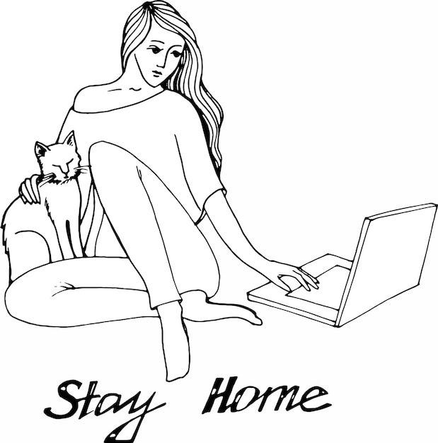 Vector girl at the computer with a cat stay at home freelance