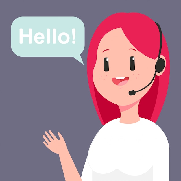 Vector girl consultant in customer service. cartoon illustration of woman call center operator in headset and speech bubble isolated on background.