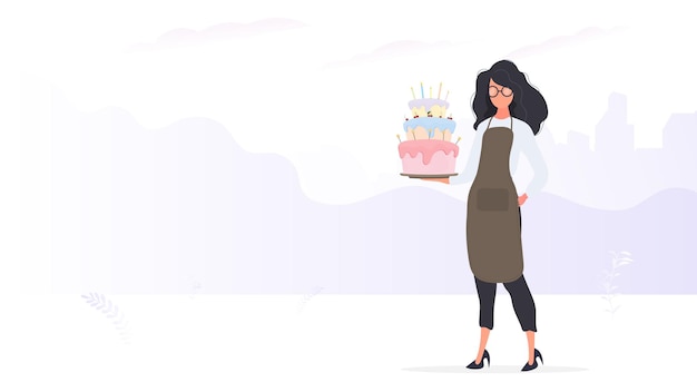 Girl cook holds a birthday cake. girl holds a pie. good for birthday articles and banners. vector.