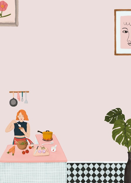 Girl cooking pink background vector cute lifestyle drawing