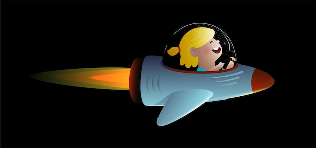 宇宙空間で女の子宇宙飛行士面白い漫画の子供たちのキャラクター宇宙船を運転する宇宙船で小さな女の子黒い背景に分離された子供のクリップアート水彩風のベクトル