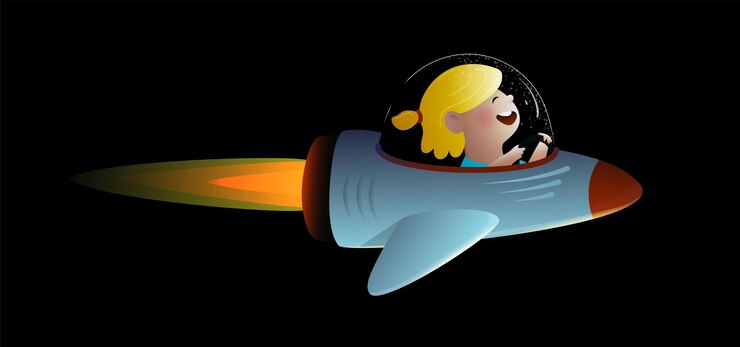Vector girl cosmonaut in outer space funny cartoon kids character little girl in outer space driving spacecraft kids clipart isolated on black background vector in watercolor style