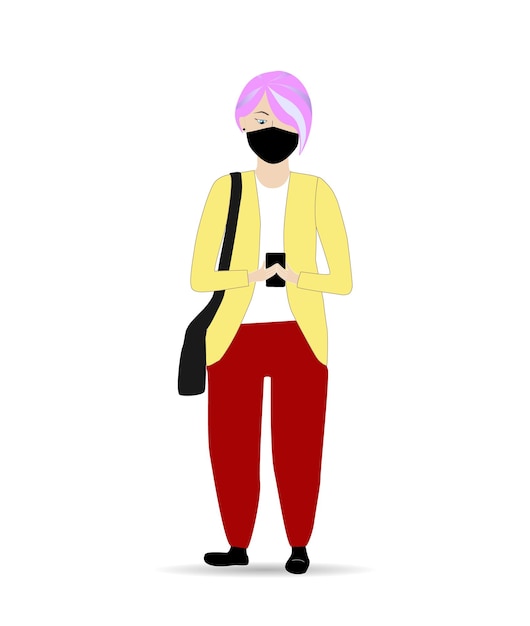 Girl covered the medical mask walking outdoors with smartphone in hand Flat vector illustration of woman concept wearing protective mask for prevent virus Covid19