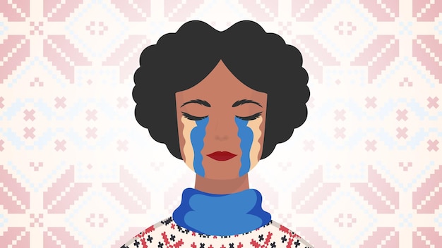 The girl cries with the color of the Ukrainian flag Pray for peace in Ukraine Vector illustration