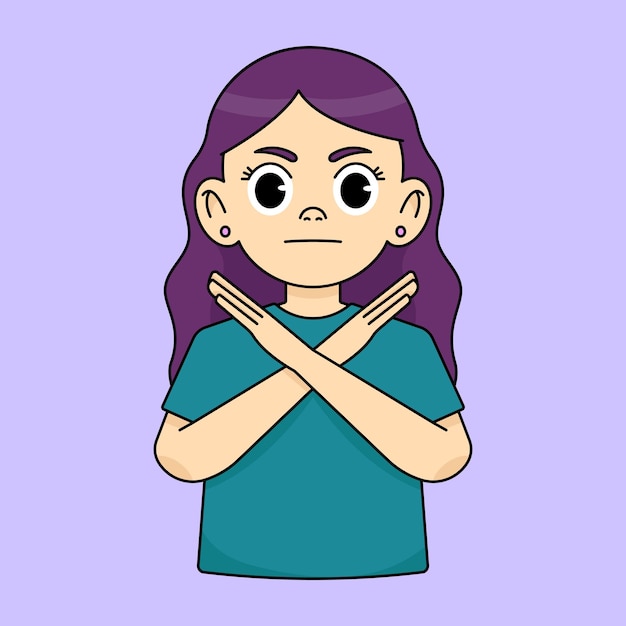 The girl crosses herself and frowns showing a stop gesture