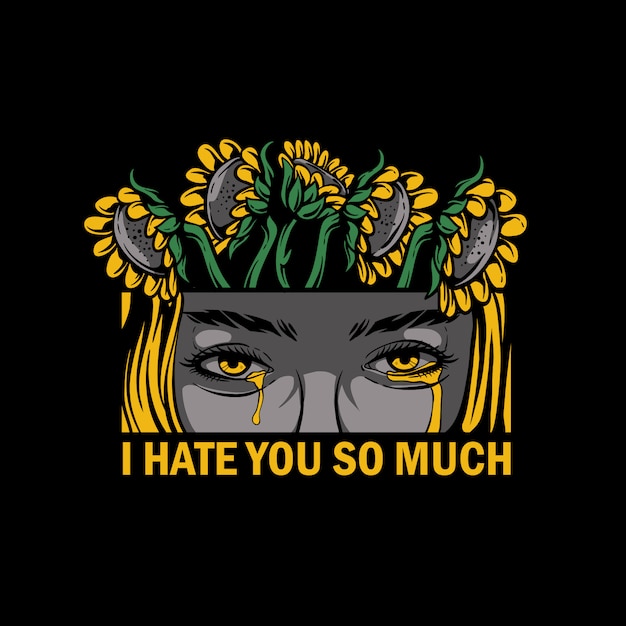 Vector girl crying with sunflower on head illustration