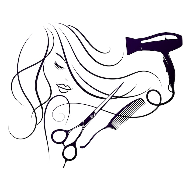 Girl curls hair and scissors comb hairdryer