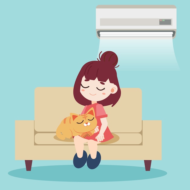 A girl and cute cat sitting together on the sofa 