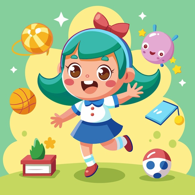 Vector girl cute happy children playing outside