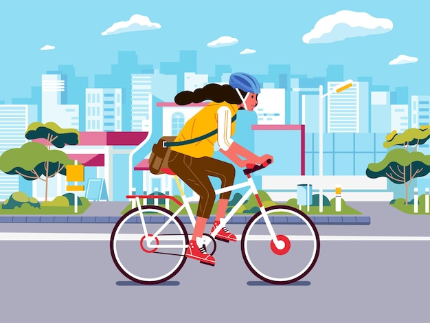 Vector girl cycling on the road young woman cycling to work wearing safety helmet