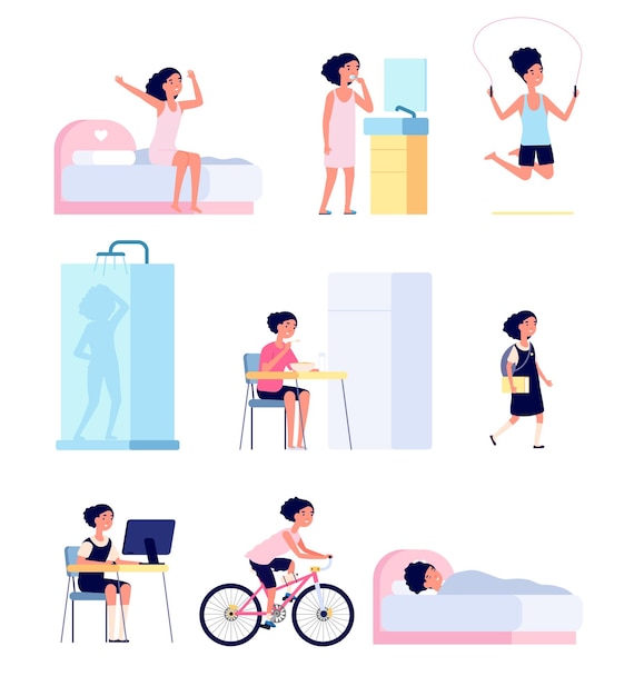 Girl daily routine. Cute child morning, kid every day activity schedule. Cartoon baby playing, doing exercises hygiene vector set. Girl routine daily, cartoon character eat and education illustration