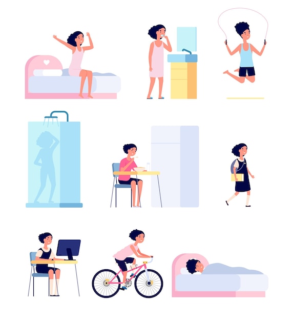 Girl daily routine. cute child morning, kid every day activity schedule. cartoon baby playing, doing exercises hygiene vector set. girl routine daily, cartoon character eat and education illustration