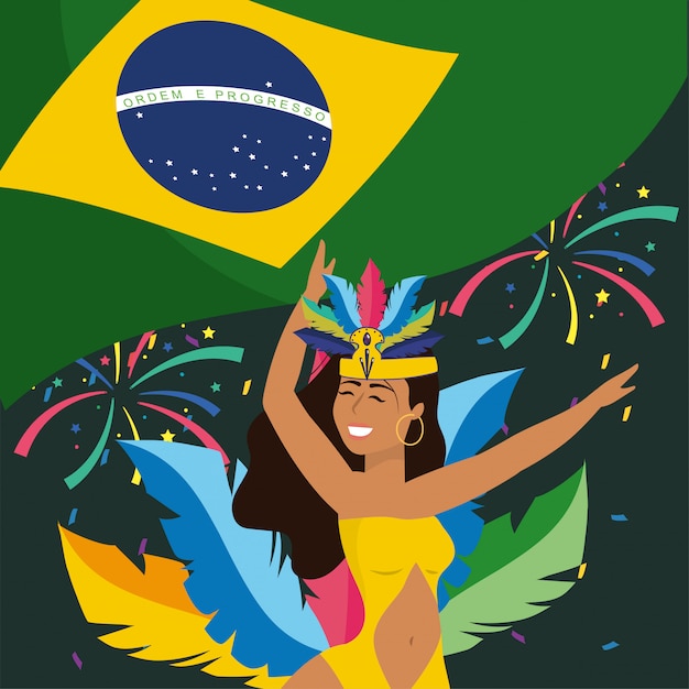 Vector girl dancer with fireworks and brazil flag