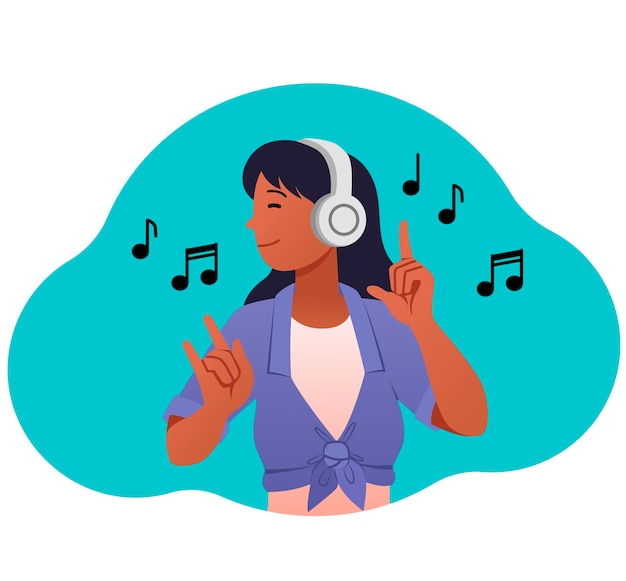 Vector girl dances to music woman with headphones listens to good music and sings song satisfied character