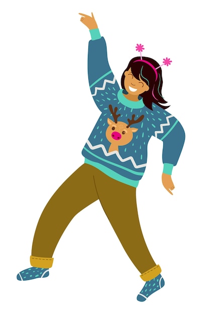 Vector girl dancing in an ugly sweater with a christmas reindeer