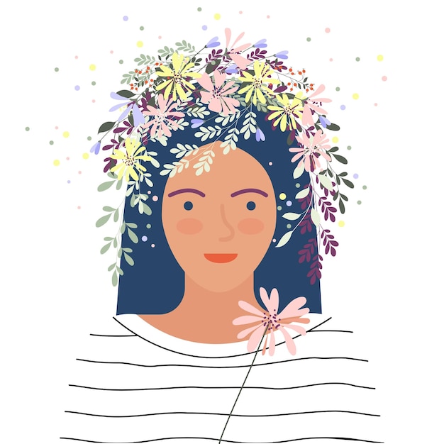 소녀는 꽃으로 그녀의 머리를 장식