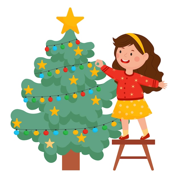 The girl decorates the Christmas tree Vector illustration