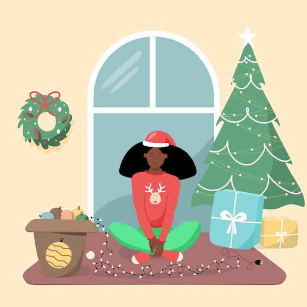 Vector girl decorates christmas tree with garland