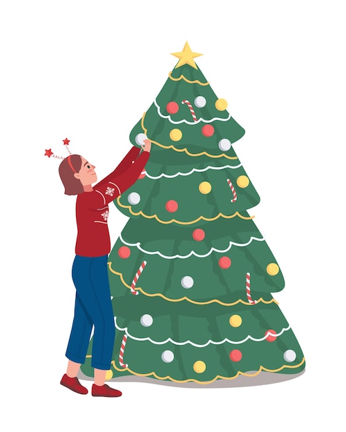 Girl decorating christmas tree semi flat color vector character